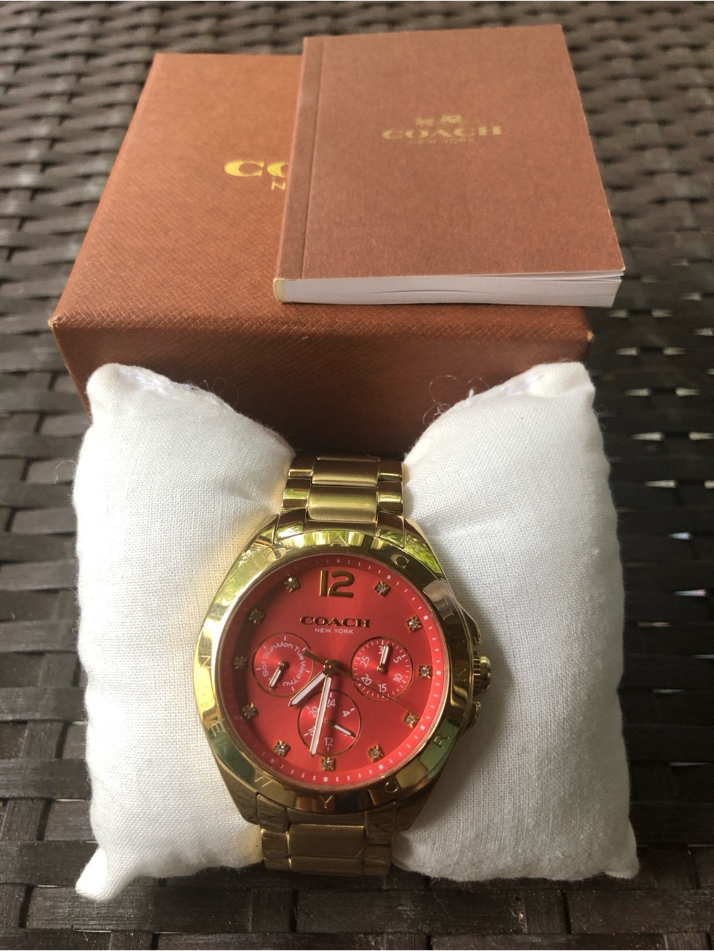 Coach New York Gold watch w/crystals and Coral face - Picture 2 of 8
